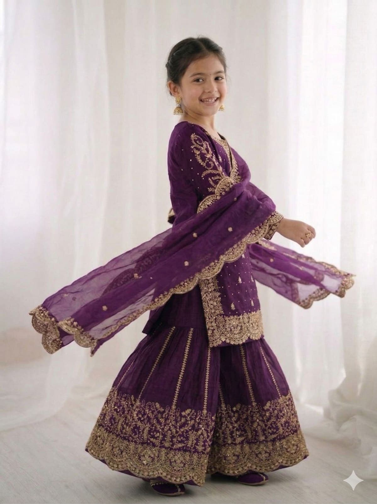 Girls Purple Embroidered Ethnic Sharara Set with Dupatta