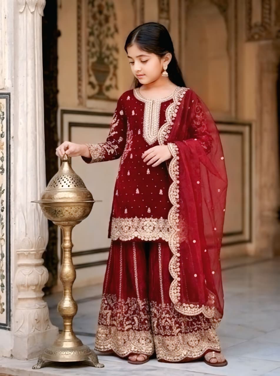 Girls Maroon Embroidered Ethnic Sharara Set with Dupatta