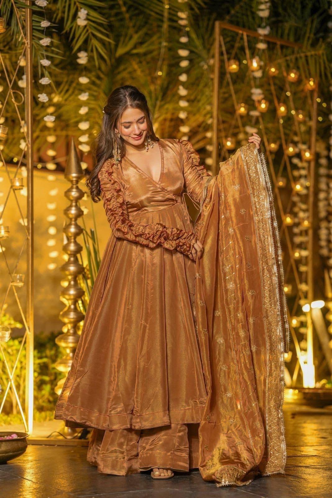 Women’s Copper Gold Anarkali Suit Set with Dupatta
