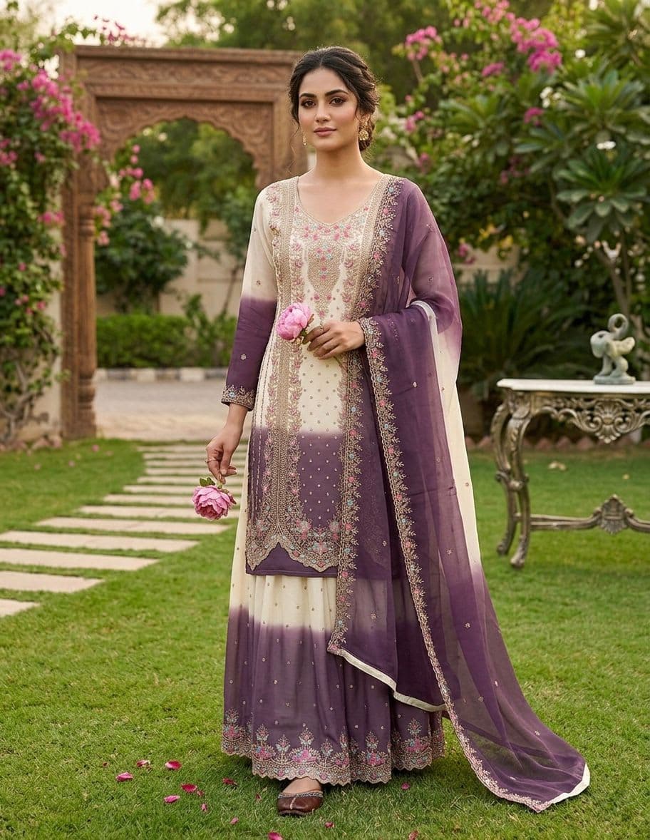 Elegant Lavender & Ivory Hand-Embroidered Ombre Suit Set