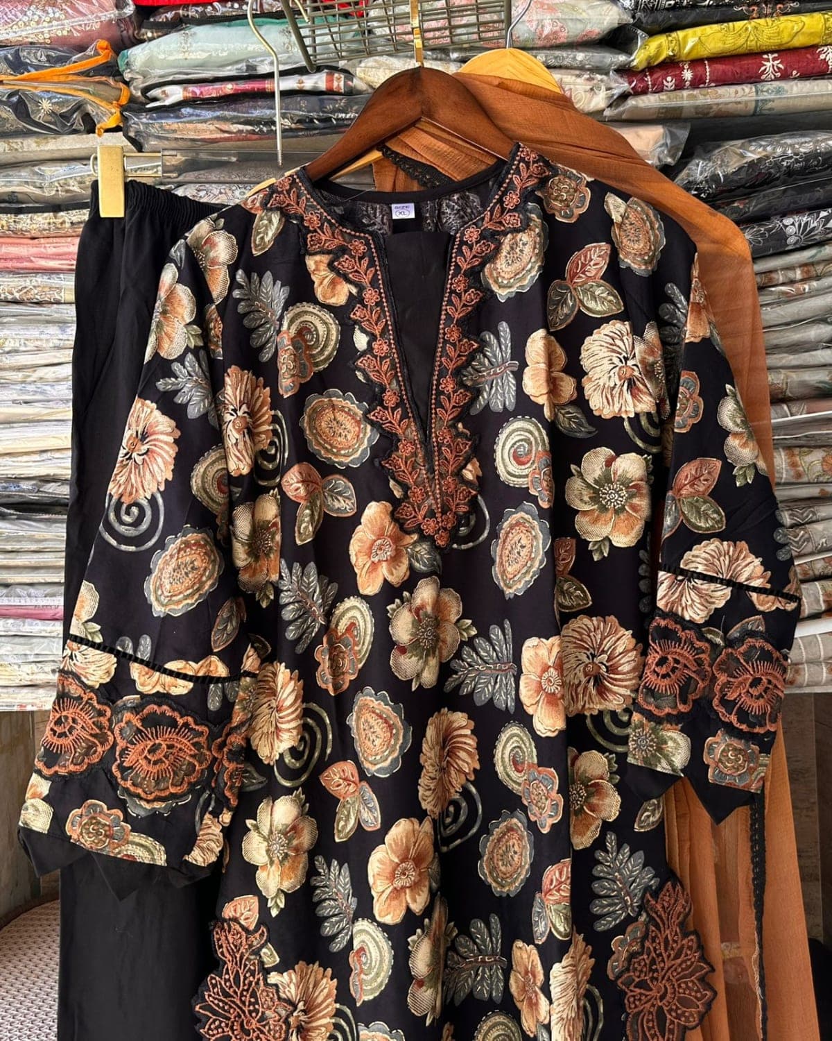 Floral Printed Suit with Embroidered Lace