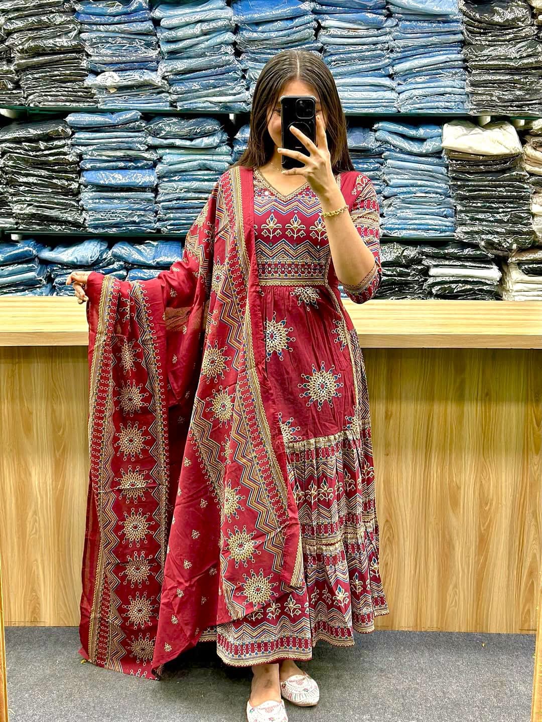 Premium Pure Cotton Printed Anarkali Set with Dupatta – Kavya Collection