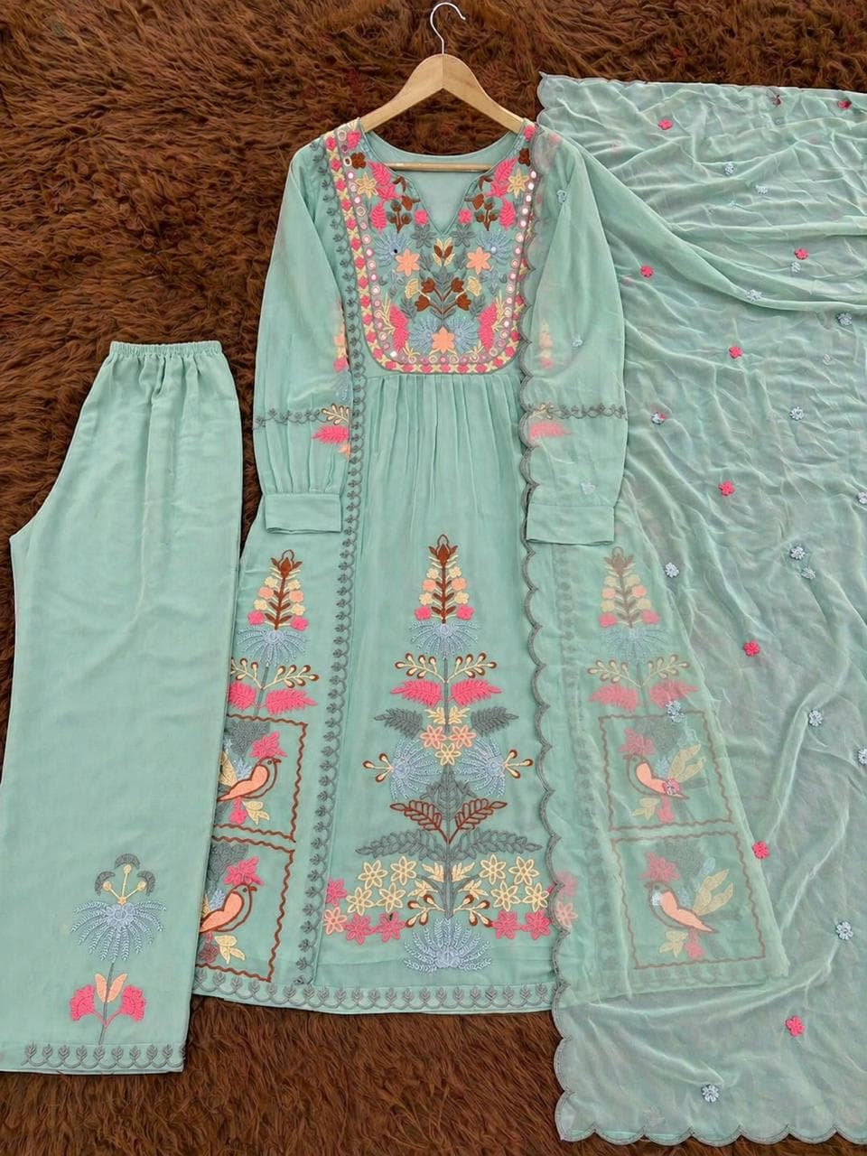 Royal Embroidered Faux Georgette Palazzo Suit Set with Mirror Work Dupatta