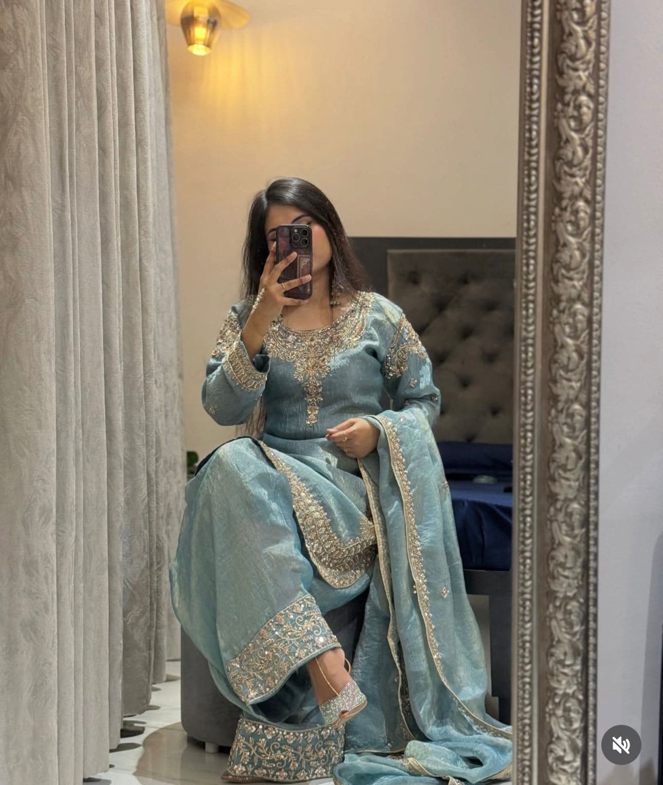 Women’s Aqua Blue Embroidered Kurta Palazzo Set with Dupatta