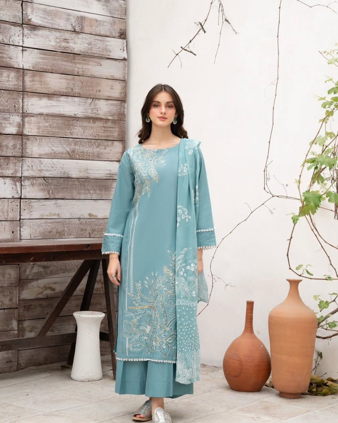 Embroidered Suit Set with Palazzo & Printed Dupatta